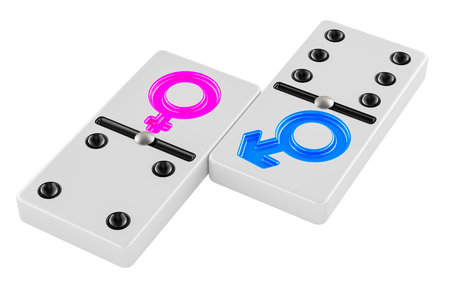 Domino with female and male symbols. Relationships between man and woman, concept. 3D rendering isolated on white backgroundの写真素材
