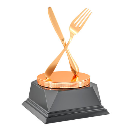 Golden trophy award for best restaurant or kitchen, 3D rendering isolated on white backgroundの写真素材
