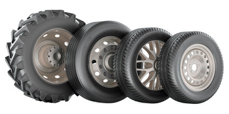 Tractor wheel, bus or truck wheel and car wheels with steel and alloy rims. Wheels of various types and sizes, 3D rendering isolated on white backgroundの写真素材