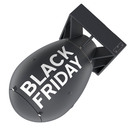 Black Friday, concept. Bomb with Black Friday inscription. 3D rendering isolated on white backgroundの写真素材