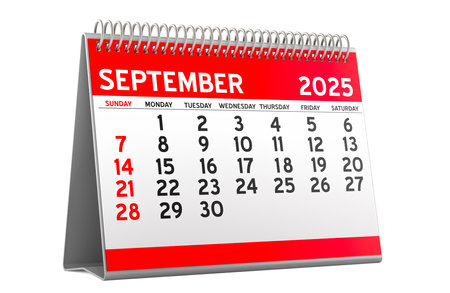 September 2025 Desk Calendar, 3D rendering isolated on white backgroundの写真素材