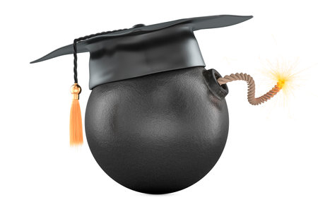 Bomb with burning fuse and education hat, 3D rendering isolated on white backgroundの写真素材