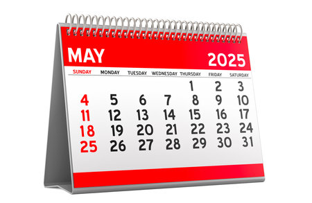 May 2025 Desk Calendar, 3D rendering isolated on white backgroundの写真素材