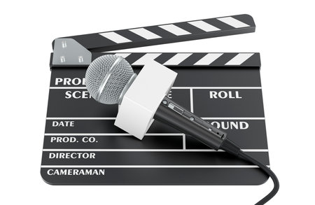 Clapperboard and Reporter Microphone with blank white box. 3D rendering isolated on white backgroundの写真素材