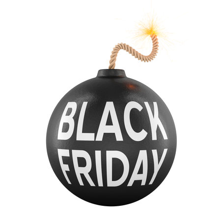 Black Friday concept. Bomb with Black Friday inscription. 3D rendering isolated on white backgroundの写真素材