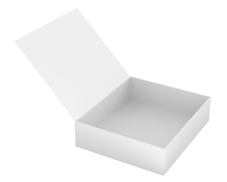 Blank white flat square gift box with opened hinged flap lid. 3D rendering isolated on white backgroundの写真素材