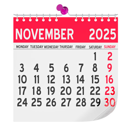 November 2025 Monthly Wall Calendar, 3D rendering isolated on white backgroundの写真素材