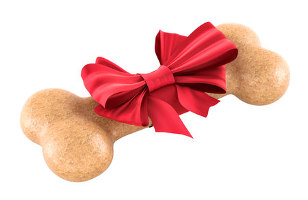 Dog bone with red bow, 3D rendering isolated on white backgroundの写真素材