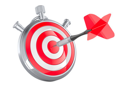 Stopwatch with target and arrow in bullseyes, 3D rendering isolated on white backgroundの写真素材