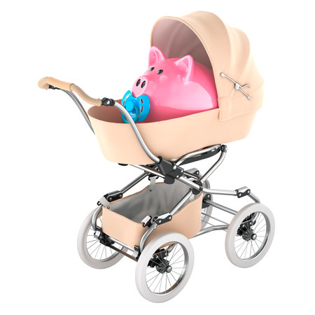 Piggy Bank with Pacifier in Baby Pram, 3D rendering isolated on white backgroundの写真素材