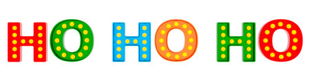 Ho Ho Ho signboard from colored light bulbs, 3D rendering isolated on white backgroundの写真素材