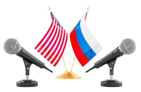 Russian-USA Dialogues, concept. Two microphones with flags of the United States and Russia. 3D rendering isolated on white backgroundの写真素材