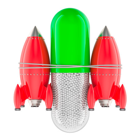 Fast pain relief and speed pill as rocket. 3D rendering isolated on white backgroundの写真素材