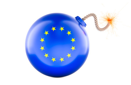 Black round bomb with the European Union flag, 3D rendering isolated on white backgroundの写真素材