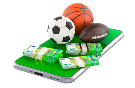 Smartphone with sport balls and money. Online sport bets, betting concept. 3D rendering isolated on white backgroundの写真素材