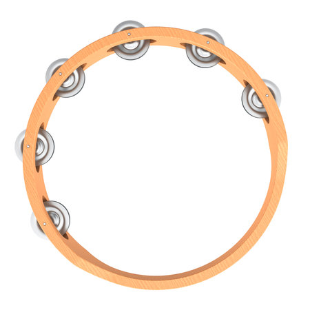 Wooden tambourine, top view. 3D rendering isolated on white backgroundの写真素材