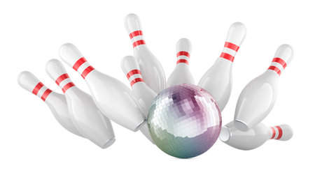 Bowling strike with mirror disco ball, 3D rendering isolated on white backgroundの写真素材