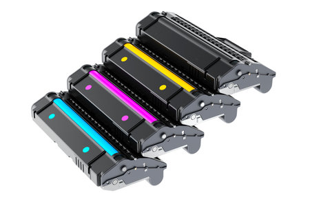 CMYK colored laser toner cartridges, 3D rendering isolated on white backgroundの写真素材