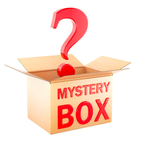 Mystery Box, cardboard box with a question mark and mystery box description. 3D rendering isolated on white backgroundの写真素材