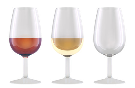 Empty wine glass and glasses with red and white wine. 3D rendering isolated on white backgroundの写真素材