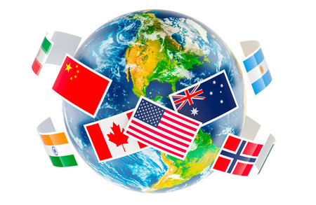 Flags around the Earth Globe. International global communication, concept. 3D rendering isolated on white backgroundの写真素材