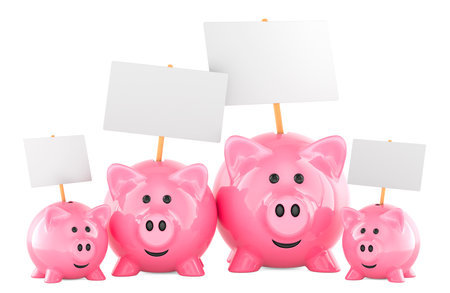 Piggy bank family with blank placards, 3D rendering isolated on white backgroundの写真素材