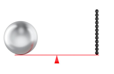 Metallic balls on the seesaw, balance concept. 3D rendering isolated on white backgroundの写真素材