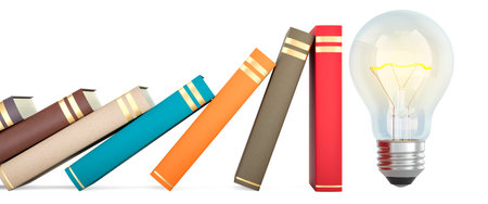 Domino effect from books and light bulb. Learning efficiency, concept. 3D rendering isolated on white backgroundの写真素材