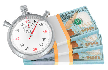 Stopwatch with Dollar packs, make money concept. 3D rendering isolated on white backgroundの写真素材