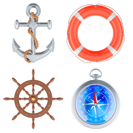 Steering wheel ship, lifebuoy, anchor and compass, 3D renderingの写真素材