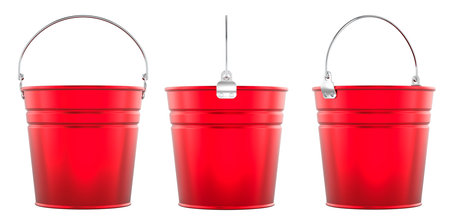Red Galvanized Bucket, different sides view. 3D rendering isolated on white backgroundの写真素材
