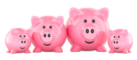 Piggy bank family. Family budget, concept. 3D rendering isolated on white backgroundの写真素材