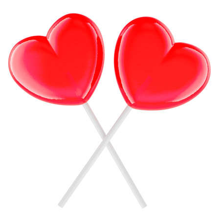 Two heart shaped lollipops. 3D rendering isolated on white backgroundの写真素材