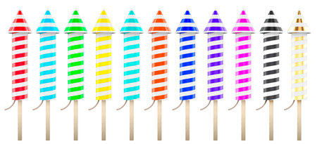Set of Fireworks Rockets, 3D rendering isolated on white backgroundの写真素材