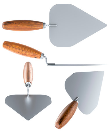 Masonry Trowel. Front, side and top views. 3D rendering isolated on white backgroundの写真素材