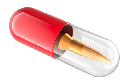 Medicine capsule with bullet inside. 3D rendering isolated on white backgroundの写真素材