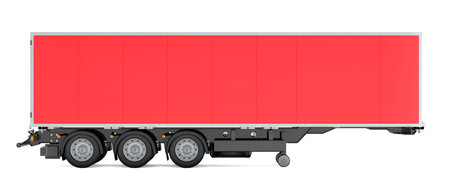 Red isothermal semi-trailer. Side view, 3D rendering isolated on white backgroundの写真素材