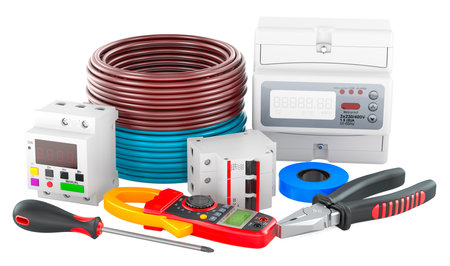 Electrical equipment and tools. 3D rendering isolated on white backgroundの写真素材
