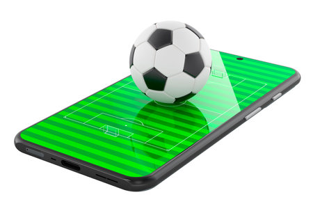Smartphone with football field and soccer ball. Online sport bets, watching soccer or soccer video game, concept. 3D rendering isolated on white backgroundの写真素材