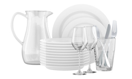 Set of clean tableware, dishes. 3D rendering isolated on white backgroundの写真素材