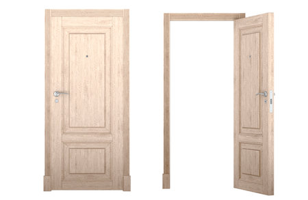 Open and closed wooden doors with doorframe. 3D rendering isolated on white backgroundの写真素材