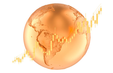 Earth Globe with Candlestick chart. Showing uptrend global market, concept. 3D rendering isolated on white backgroundの写真素材
