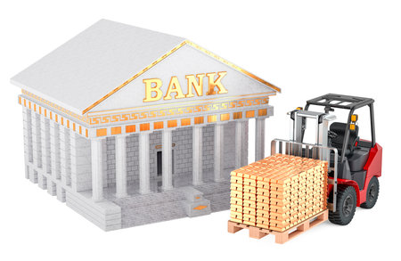 Bank building and Forklift truck with golden ingots, 3D rendering isolated on white backgroundの写真素材