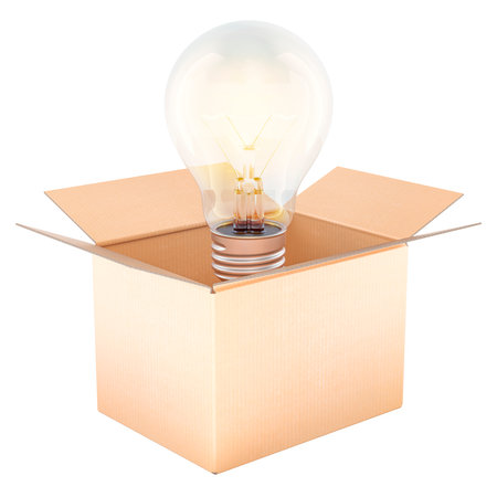 Thinking outside the box, concept. Opened cardboard box with lightbulb inside, 3D rendering isolated on white backgroundの写真素材