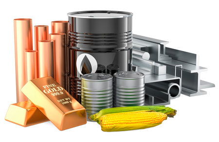 Commodities, economic resource. Oil, corn, rolled metal. 3D rendering isolated on white backgroundの写真素材