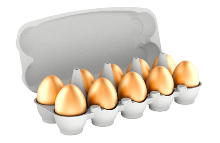Golden Eggs in an egg carton, 3D rendering isolated on white backgroundの写真素材