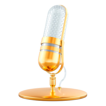 Golden Microphone, 3D rendering isolated on white backgroundの写真素材