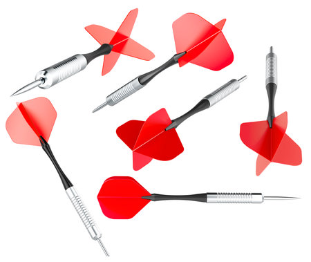 Set of red darts, different views and angles. 3D rendering isolated on white backgroundの写真素材