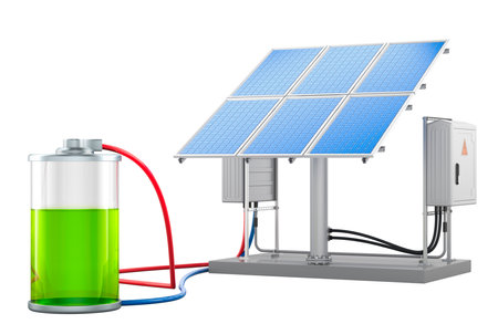 Solar Panels charging the battery. 3D rendering isolated on white backgroundの写真素材