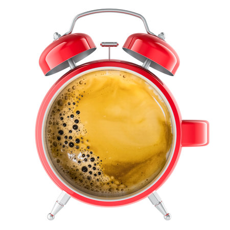 Coffee cup as alarm clock. Coffee time, concept. 3D rendering isolated on white backgroundの写真素材